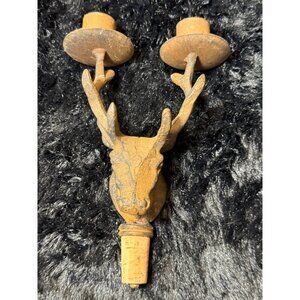 Rustic Cast Iron Deer Head Double Antler Candle Holder With Cork Base Wine Stop